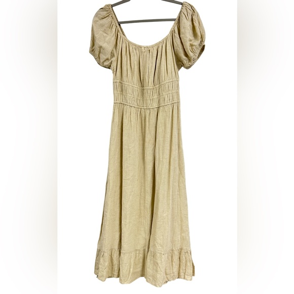 NWT Simi & Sam Linen blend Cottagecore Midi Puff Sleeve Neutral Boho Prairie | M - Picture 2 of 16